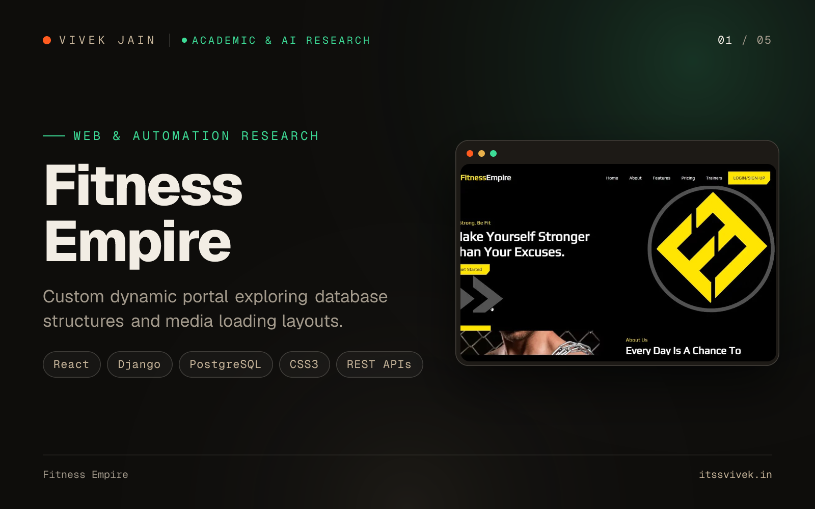 Fitness Empire: Custom dynamic portal exploring database structures and media loading layouts.